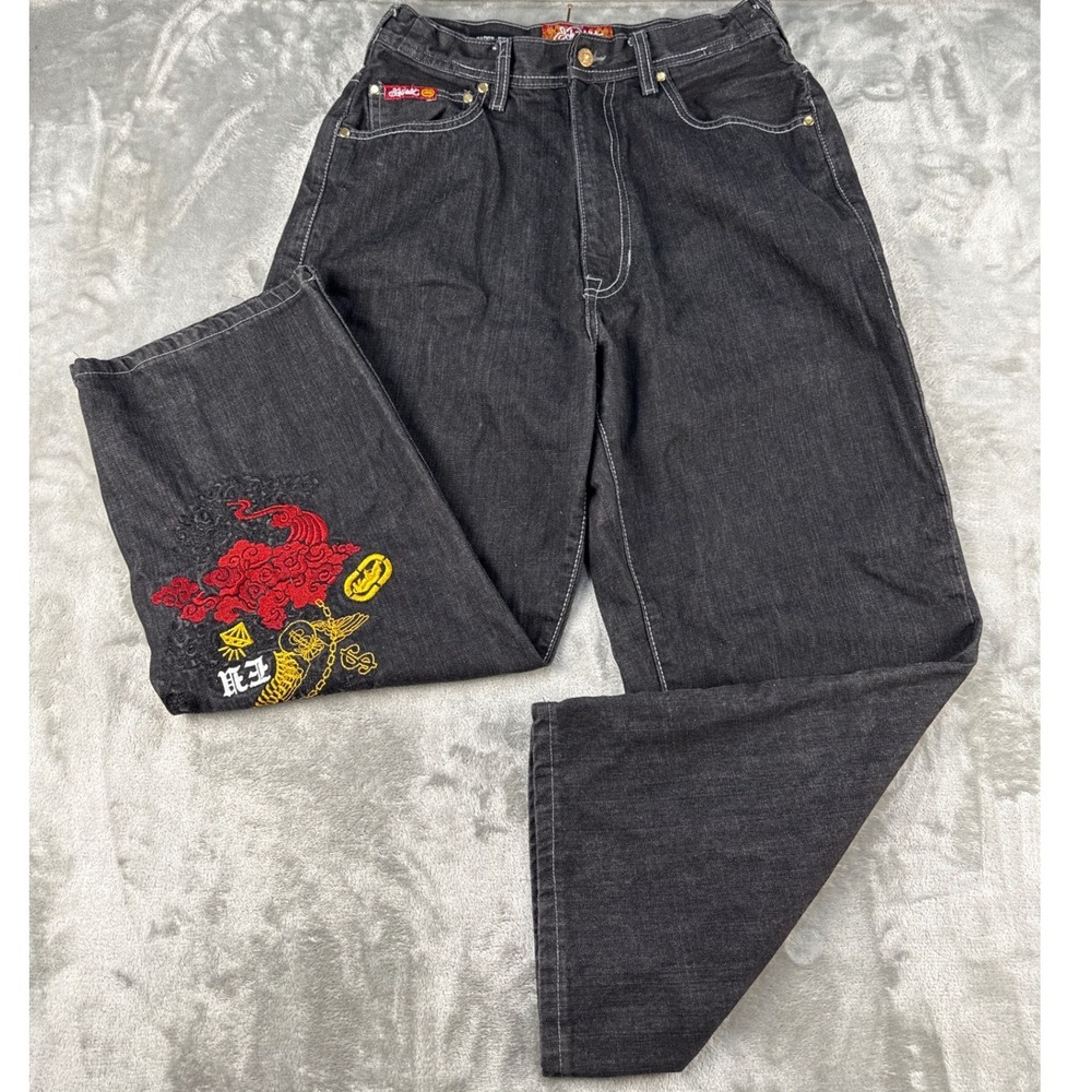 Ecko Unltd Jeans Mens 32 Baggy Fit Black Dragon Embroidered EUC